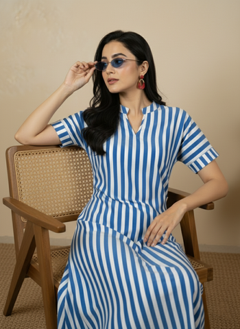 Blue & White Striped A-Line Midi Dress for Women | Elegant Chic Everyday Outfit Blue & White Striped A-Line Midi Dress for Women | Elegant Chic Everyday Outfit