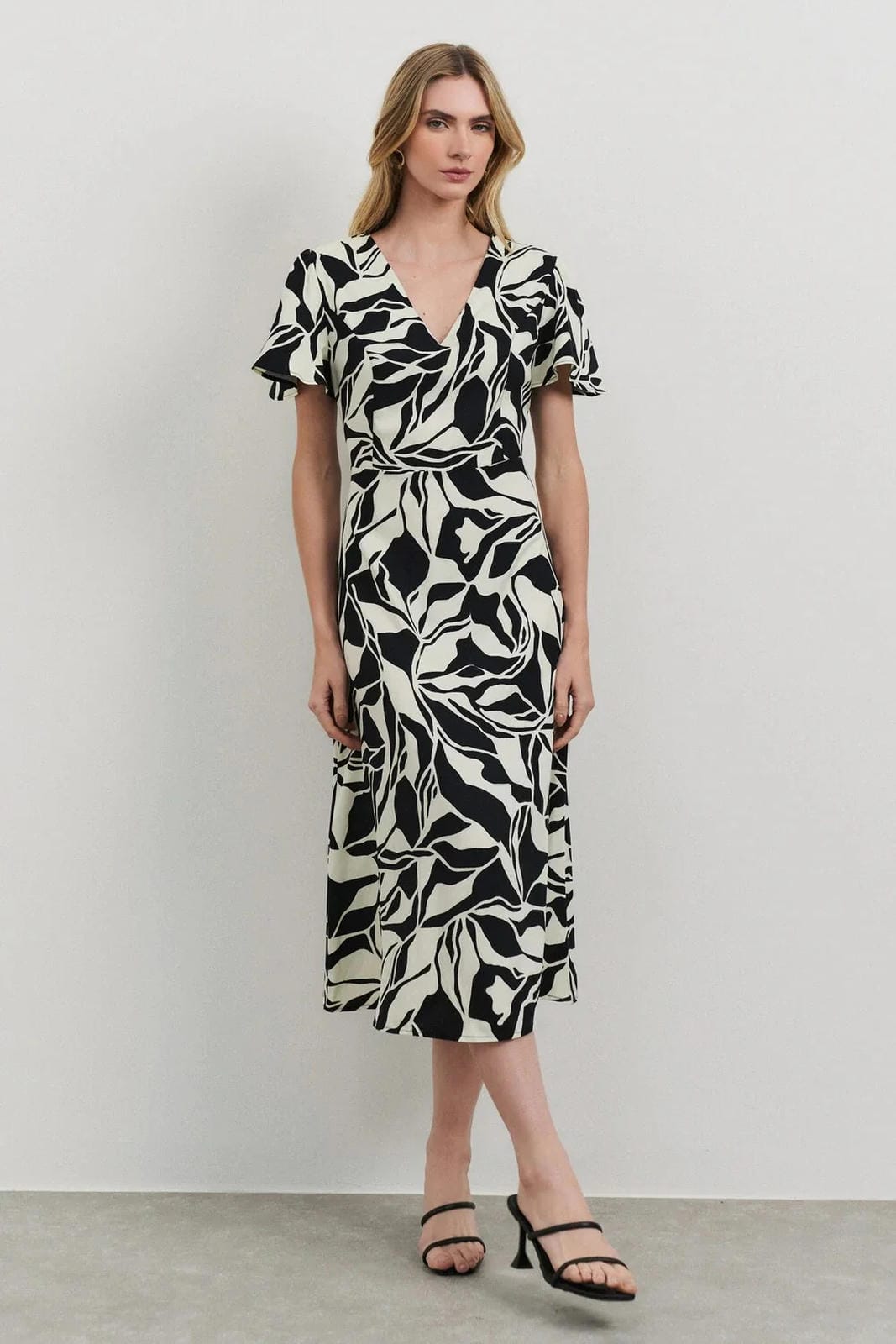 Uvercee Leaf Print Midi Dress - Flare Sleeves, V-Neckline