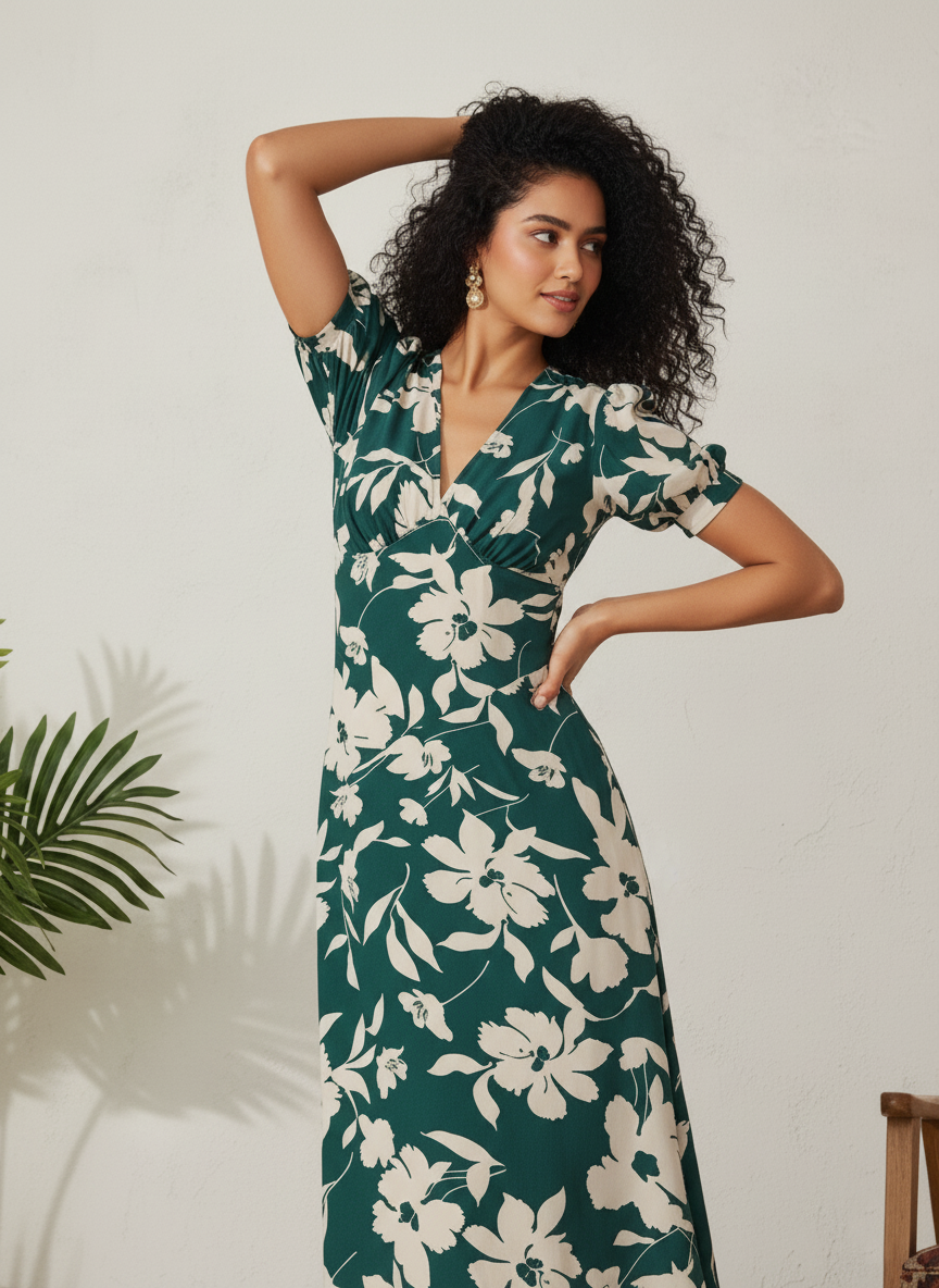 Elegant Emerald Green Floral Midi Dress | Flattering A-Line Western Wear for Women