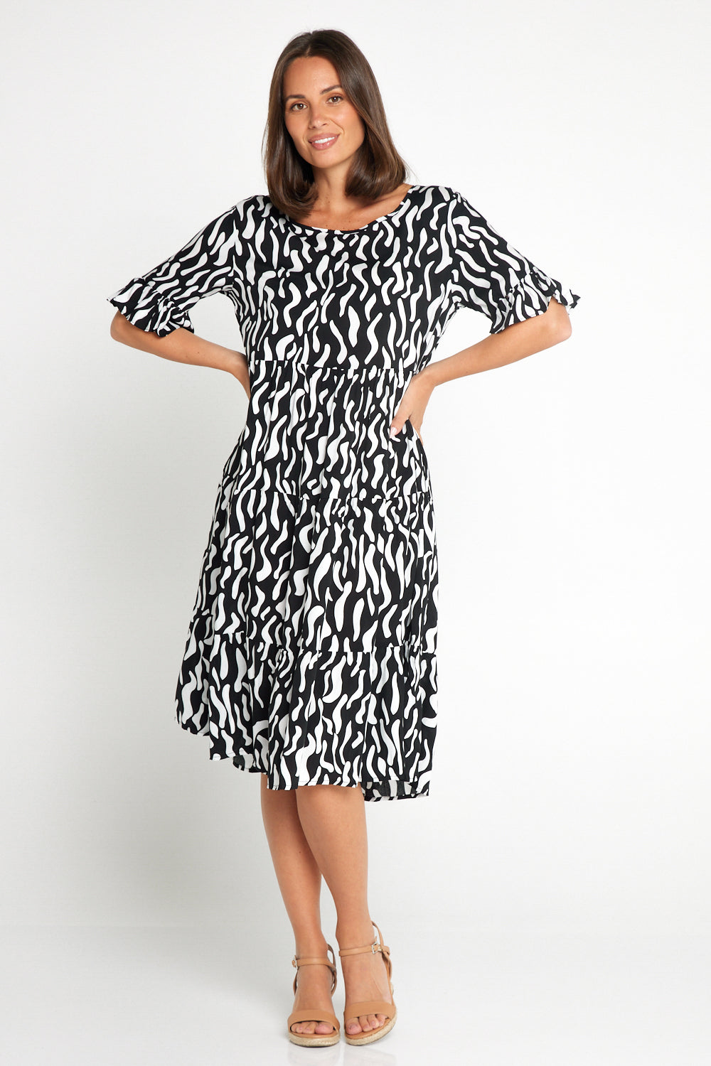 Uvercee Elegant Black & White Squiggle Print Dress