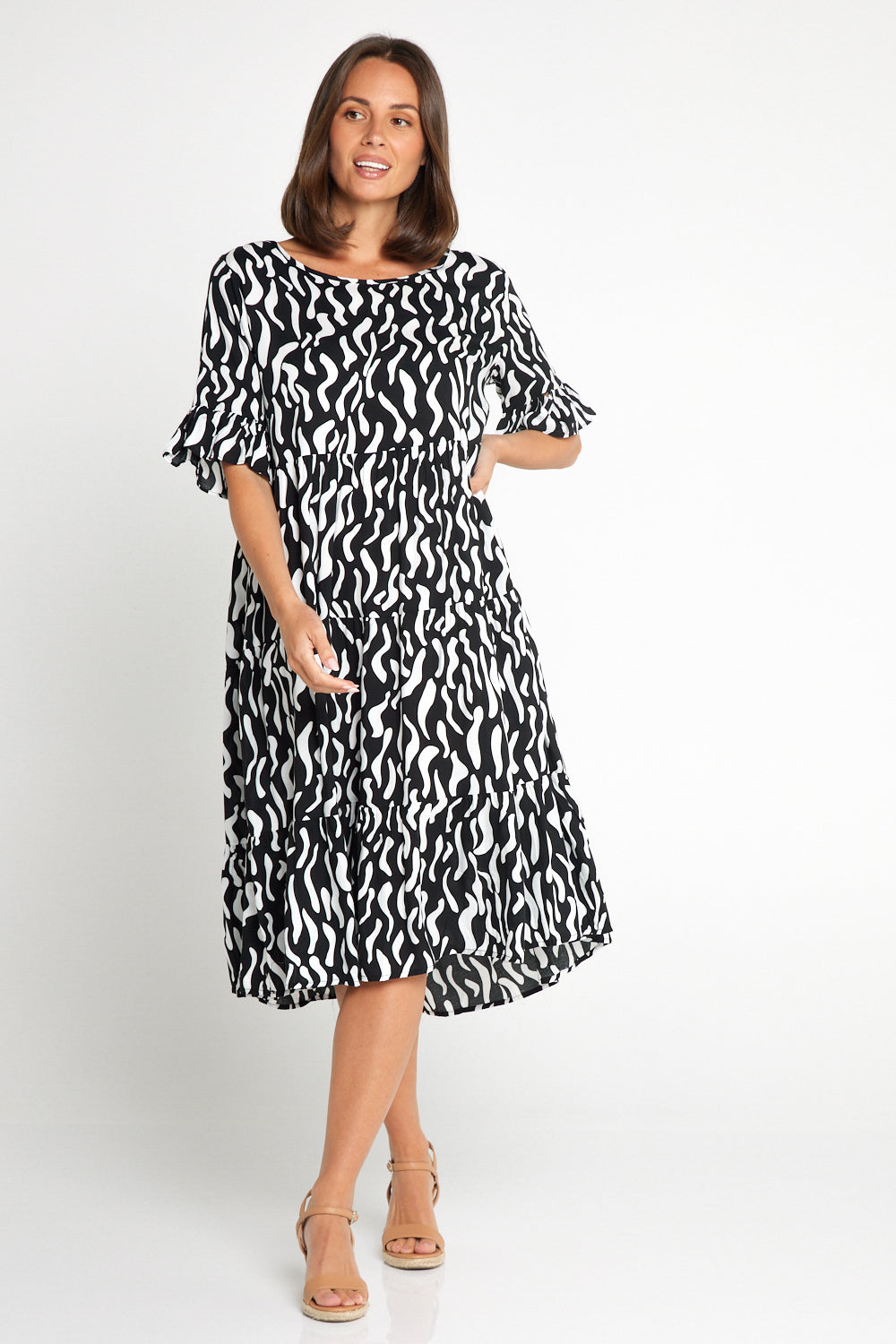 Uvercee Elegant Black & White Squiggle Print Dress