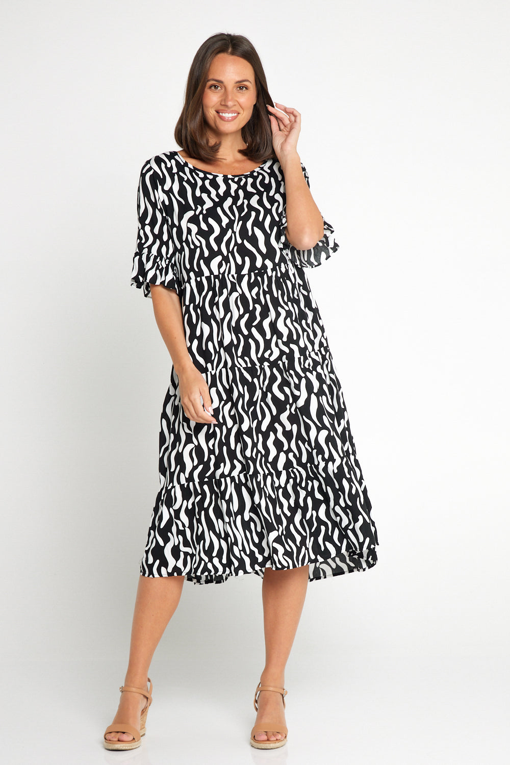 Uvercee Elegant Black & White Squiggle Print Dress