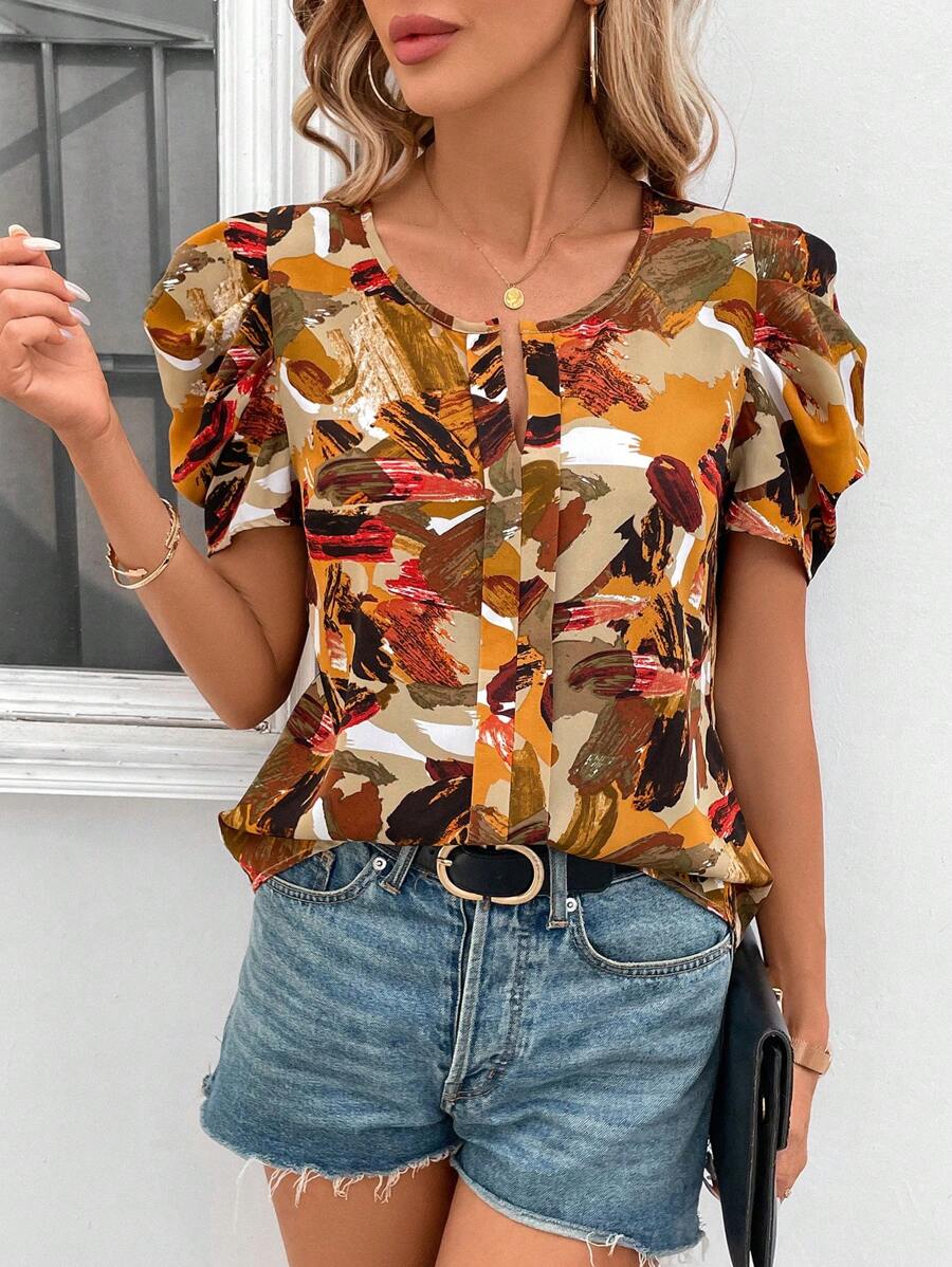 Uvercee Chic Abstract Print Puff Sleeve Top