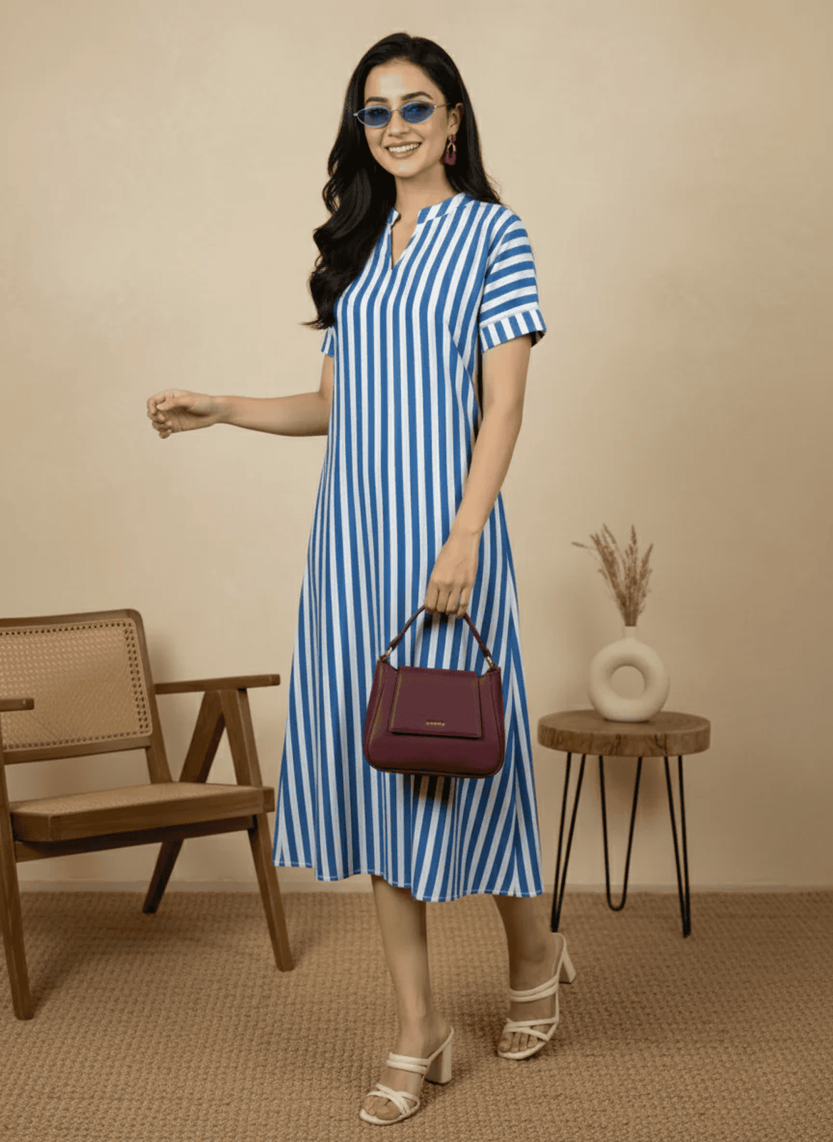 Blue & White Striped A-Line Midi Dress for Women | Elegant Chic Everyday Outfit