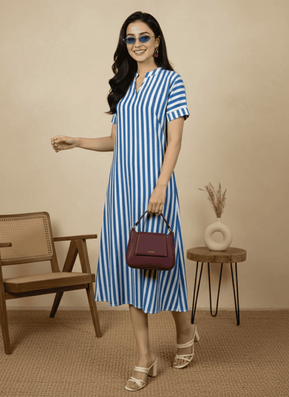 Blue & White Striped A-Line Midi Dress for Women | Elegant Chic Everyday Outfit