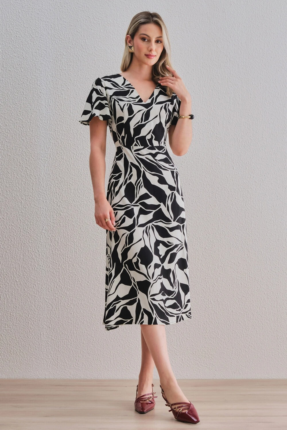 Uvercee Leaf Print Midi Dress - Flare Sleeves, V-Neckline