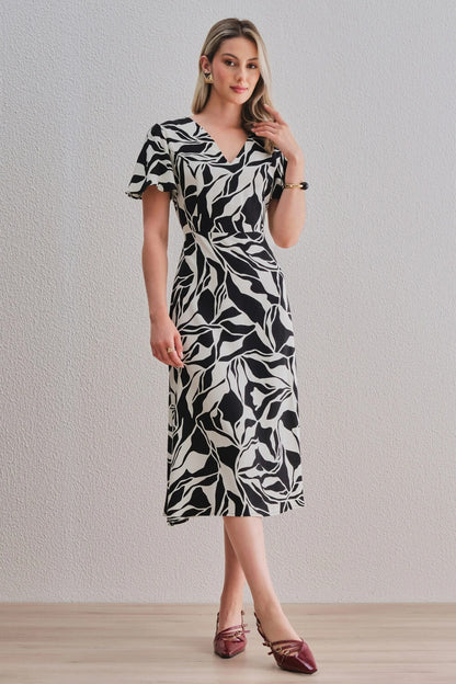Uvercee Leaf Print Midi Dress - Flare Sleeves, V-Neckline