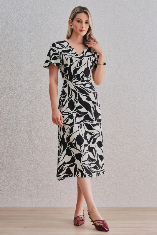 Uvercee Leaf Print Midi Dress - Flare Sleeves, V-Neckline