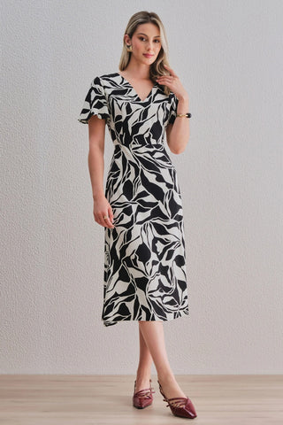 Uvercee Leaf Print Midi Dress - Flare Sleeves, V-Neckline