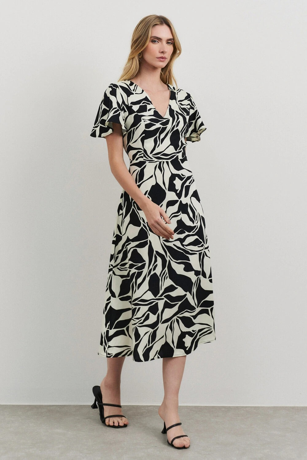 Uvercee Leaf Print Midi Dress - Flare Sleeves, V-Neckline