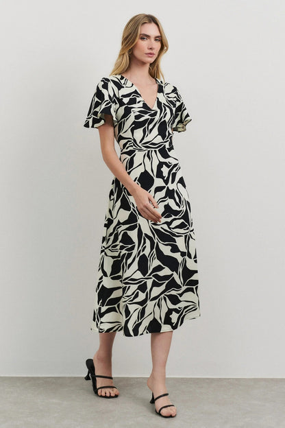 Uvercee Leaf Print Midi Dress - Flare Sleeves, V-Neckline