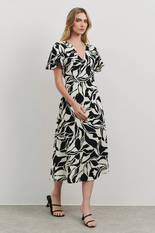 Uvercee Leaf Print Midi Dress - Flare Sleeves, V-Neckline