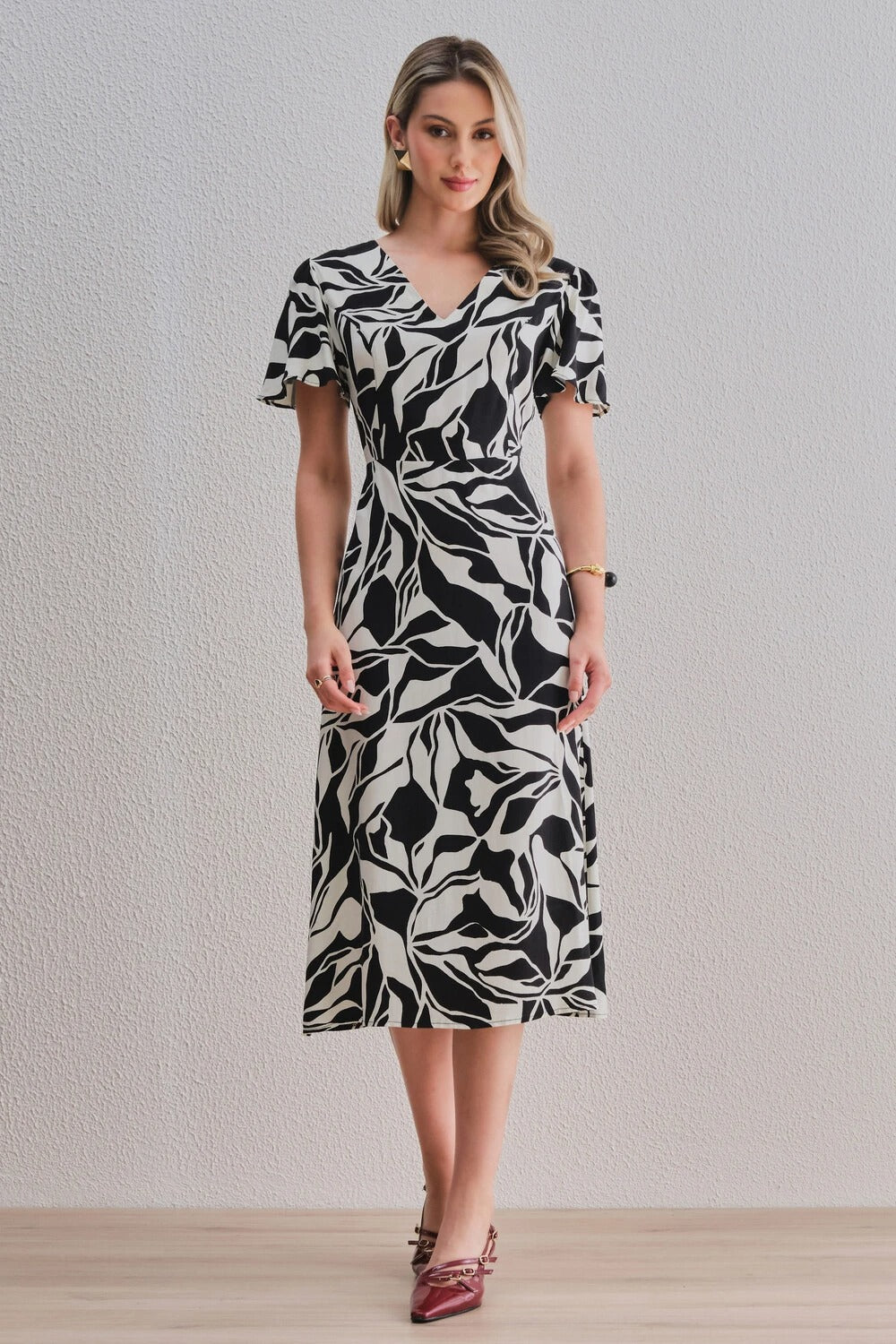 Uvercee Leaf Print Midi Dress - Flare Sleeves, V-Neckline
