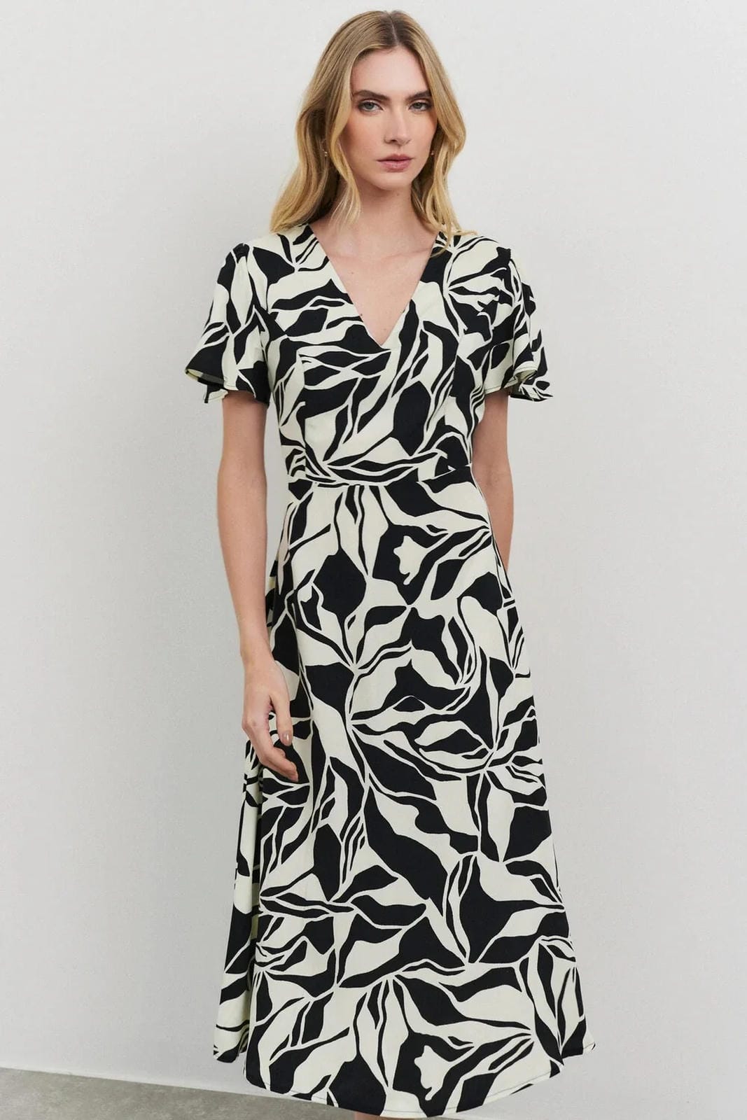 Uvercee Leaf Print Midi Dress - Flare Sleeves, V-Neckline