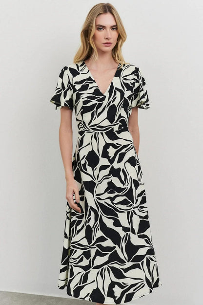 Uvercee Leaf Print Midi Dress - Flare Sleeves, V-Neckline