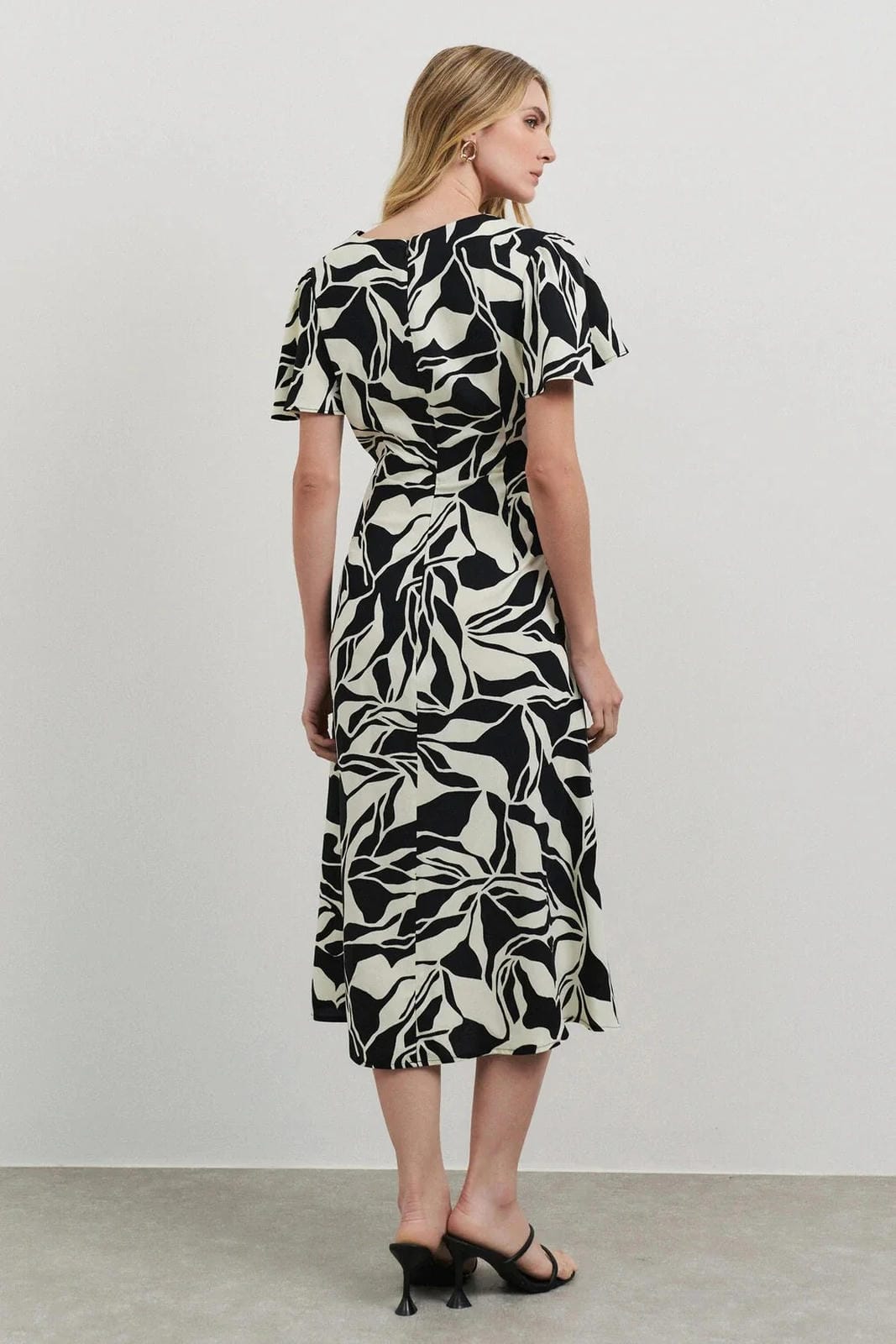Uvercee Leaf Print Midi Dress - Flare Sleeves, V-Neckline