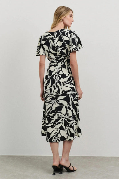 Uvercee Leaf Print Midi Dress - Flare Sleeves, V-Neckline