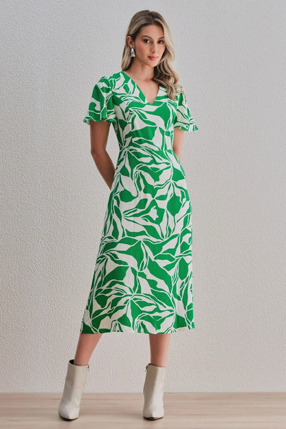 Uvercee Leaf Print Midi Dress - Flare Sleeves, V-Neckline