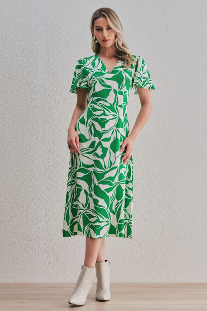 Uvercee Leaf Print Midi Dress - Flare Sleeves, V-Neckline