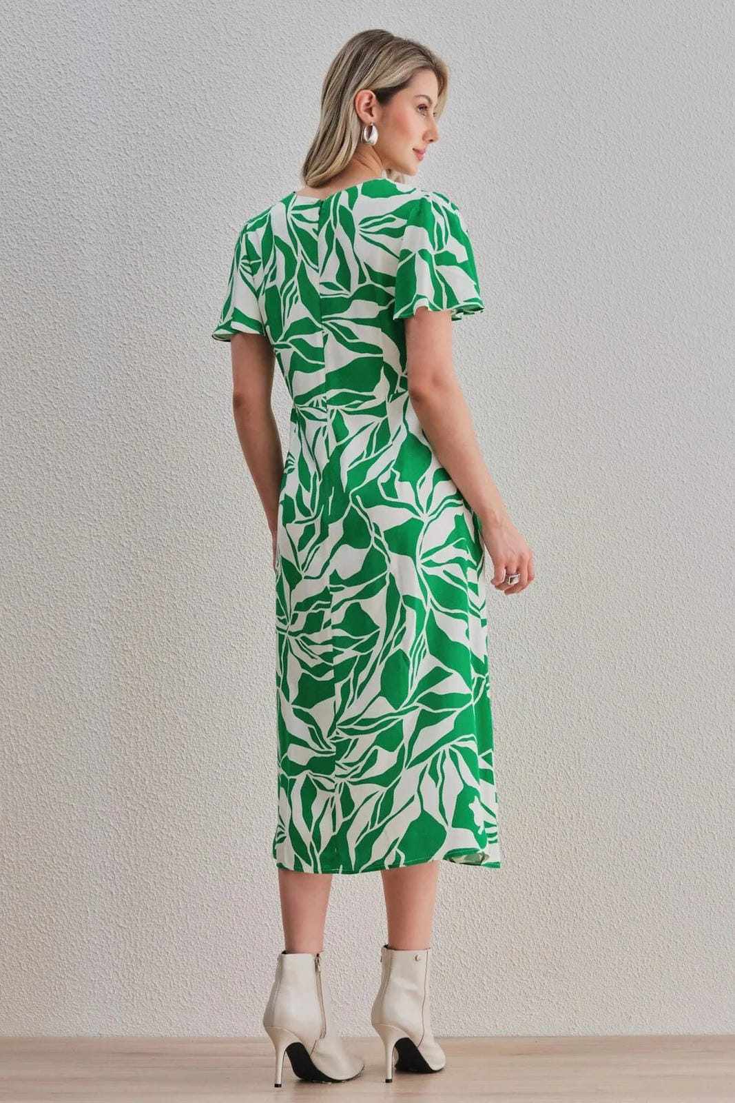 Uvercee Leaf Print Midi Dress - Flare Sleeves, V-Neckline