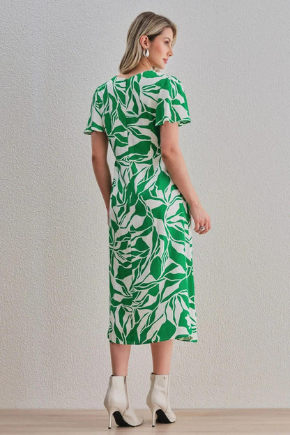 Uvercee Leaf Print Midi Dress - Flare Sleeves, V-Neckline