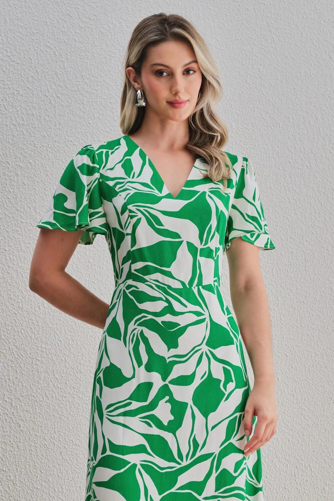 Uvercee Leaf Print Midi Dress - Flare Sleeves, V-Neckline