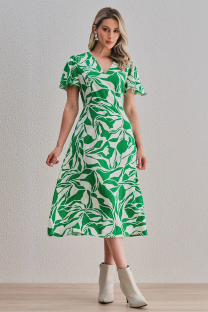 Uvercee Leaf Print Midi Dress - Flare Sleeves, V-Neckline