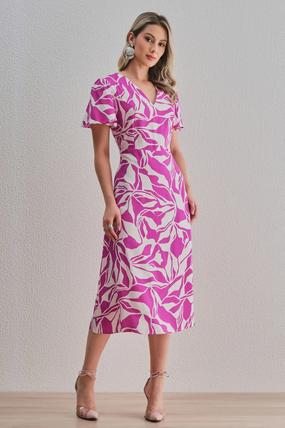 Uvercee Leaf Print Midi Dress - Flare Sleeves, V-Neckline