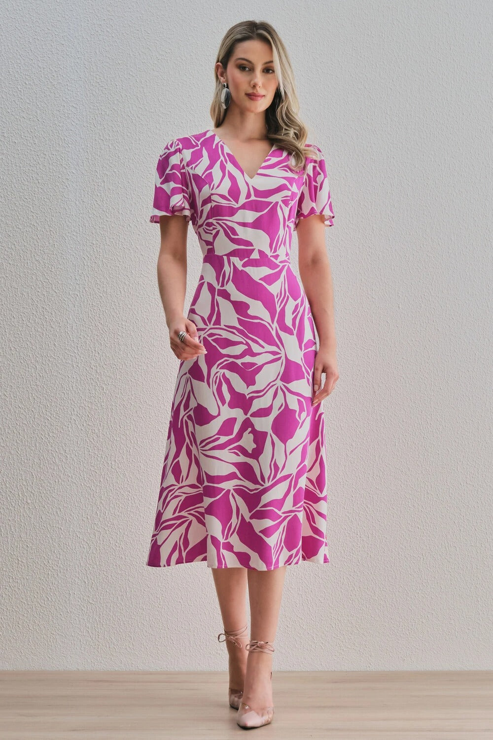 Uvercee Leaf Print Midi Dress - Flare Sleeves, V-Neckline