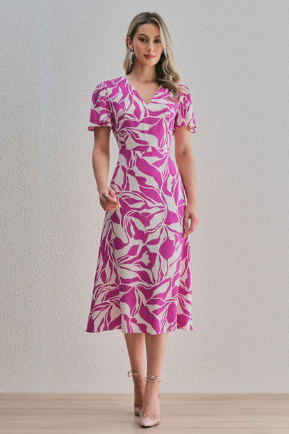 Uvercee Leaf Print Midi Dress - Flare Sleeves, V-Neckline