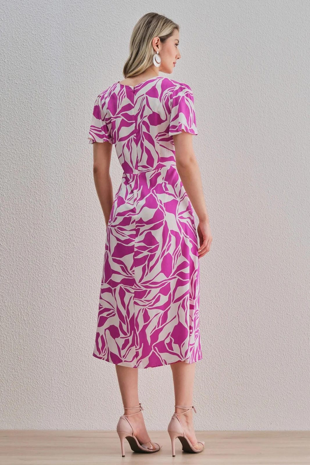 Uvercee Leaf Print Midi Dress - Flare Sleeves, V-Neckline