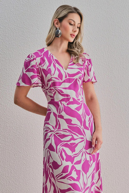 Uvercee Leaf Print Midi Dress - Flare Sleeves, V-Neckline