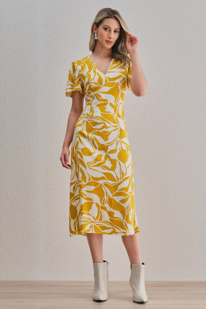 Uvercee Leaf Print Midi Dress - Flare Sleeves, V-Neckline