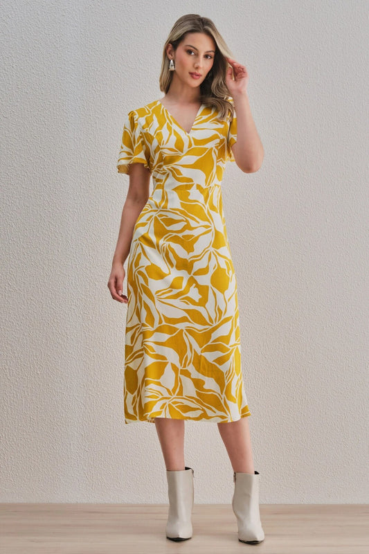 Uvercee Leaf Print Midi Dress - Flare Sleeves, V-Neckline