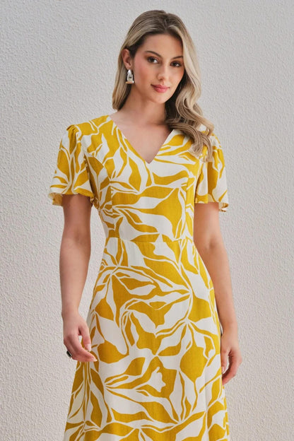 Uvercee Leaf Print Midi Dress - Flare Sleeves, V-Neckline