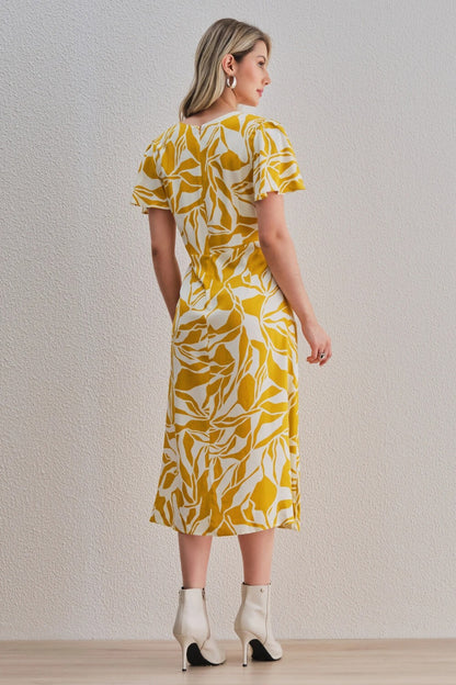 Uvercee Leaf Print Midi Dress - Flare Sleeves, V-Neckline