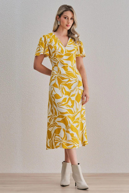 Uvercee Leaf Print Midi Dress - Flare Sleeves, V-Neckline