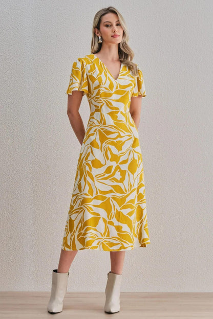 Uvercee Leaf Print Midi Dress - Flare Sleeves, V-Neckline