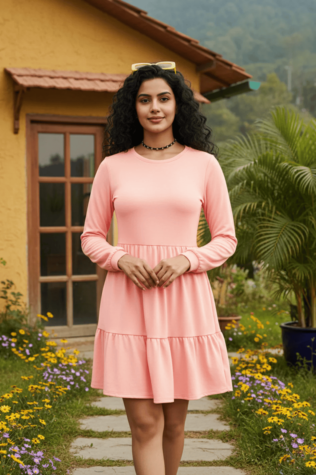 Women's Tiered Mini Dress for Parties & Outings - Long Sleeve, A-Line | Uvercee