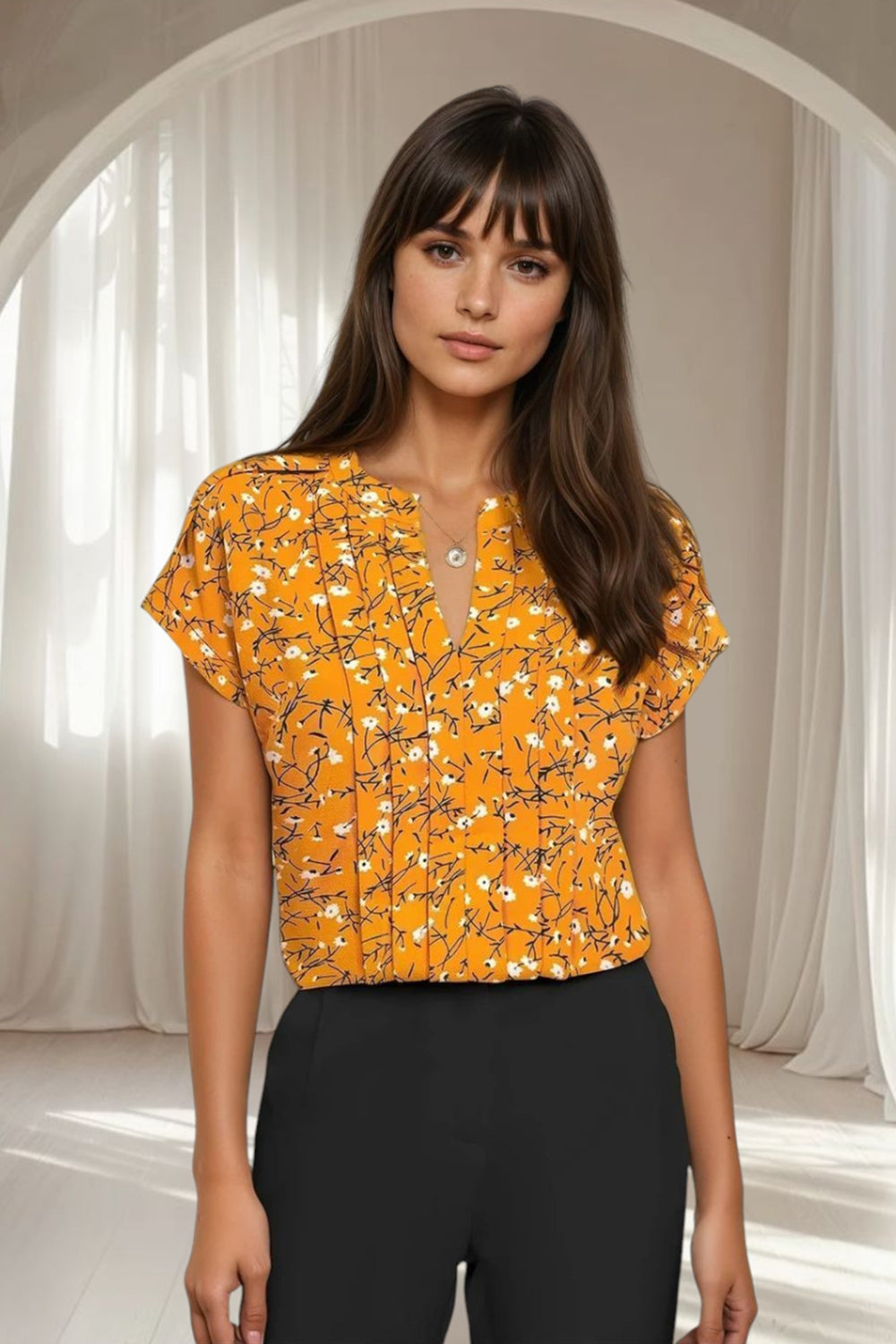 Floral Pleated Top for Women - in Mauve, Yellow, Green & Grey