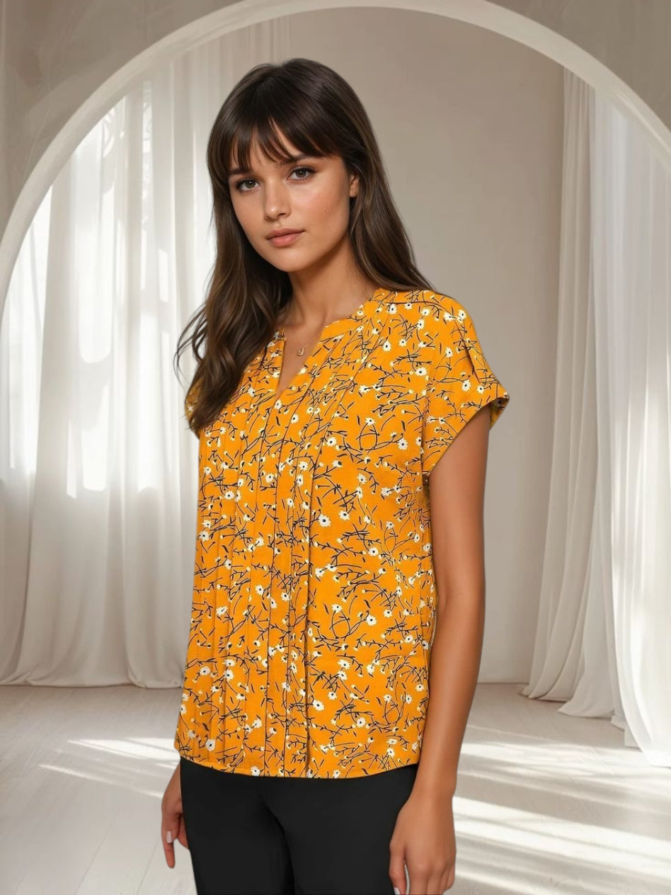Floral Pleated Top for Women - in Mauve, Yellow, Green & Grey
