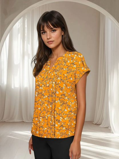 Floral Pleated Top for Women - in Mauve, Yellow, Green & Grey