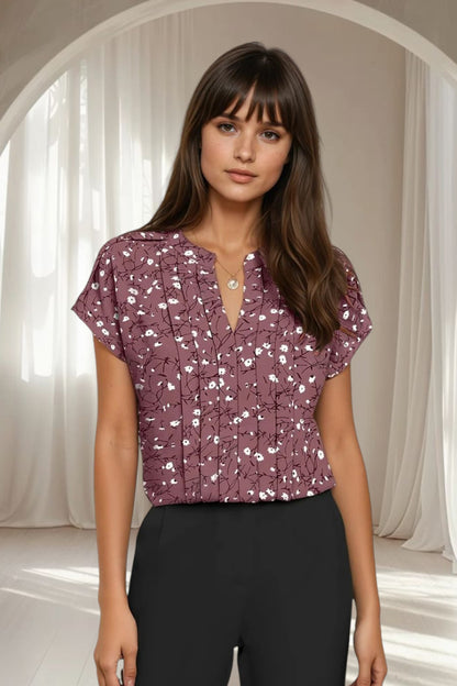 Floral Pleated Top for Women - in Mauve, Yellow, Green & Grey