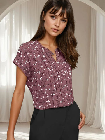 Floral Pleated Top for Women - in Mauve, Yellow, Green & Grey