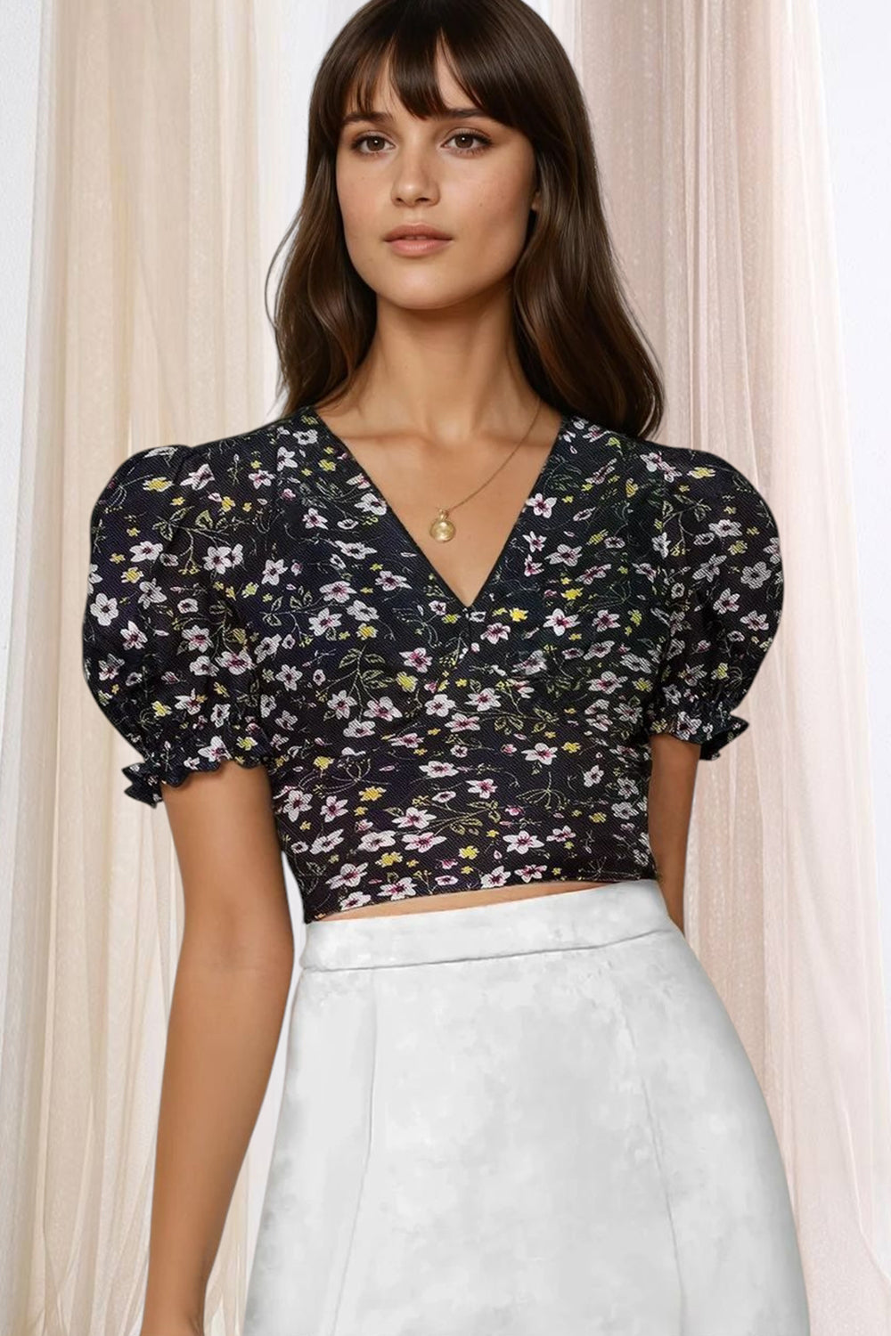 Elysian Bloom Puff Sleeve Crop Top – Chic Floral Elegance in Yellow, Black & Blue