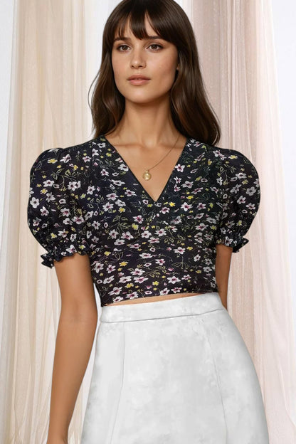 Elysian Bloom Puff Sleeve Crop Top – Chic Floral Elegance in Yellow, Black & Blue