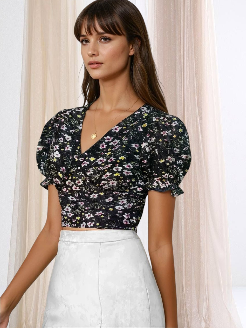 Elysian Bloom Puff Sleeve Crop Top – Chic Floral Elegance in Yellow, Black & Blue