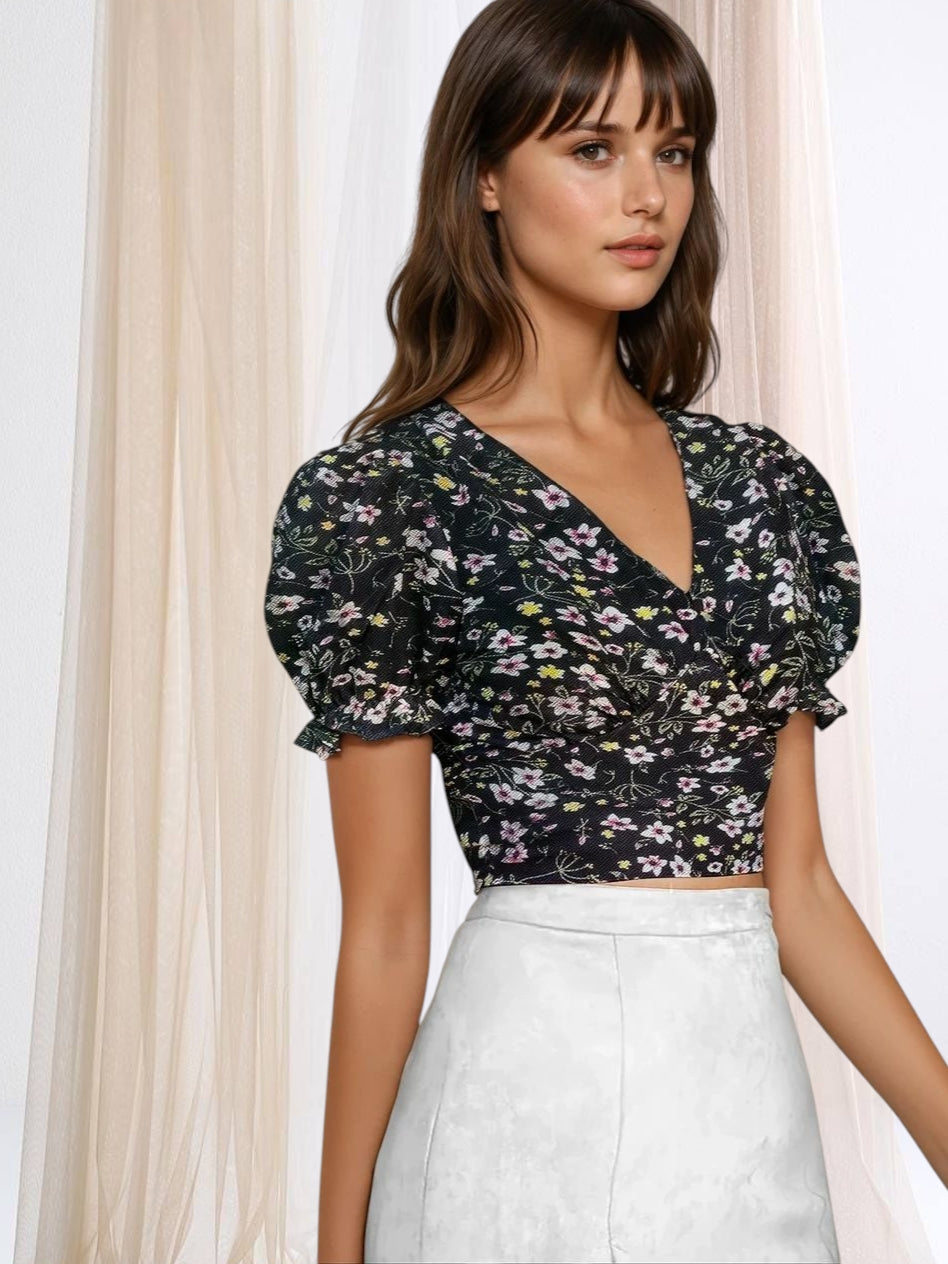 Elysian Bloom Puff Sleeve Crop Top – Chic Floral Elegance in Yellow, Black & Blue