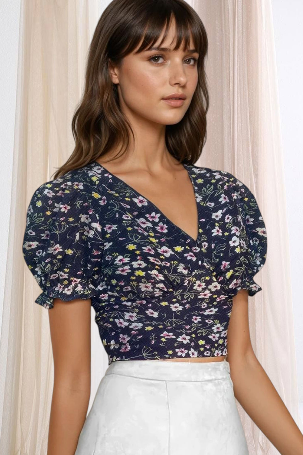 Elysian Bloom Puff Sleeve Crop Top – Chic Floral Elegance in Yellow, Black & Blue