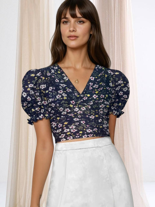 Elysian Bloom Puff Sleeve Crop Top – Chic Floral Elegance in Yellow, Black & Blue